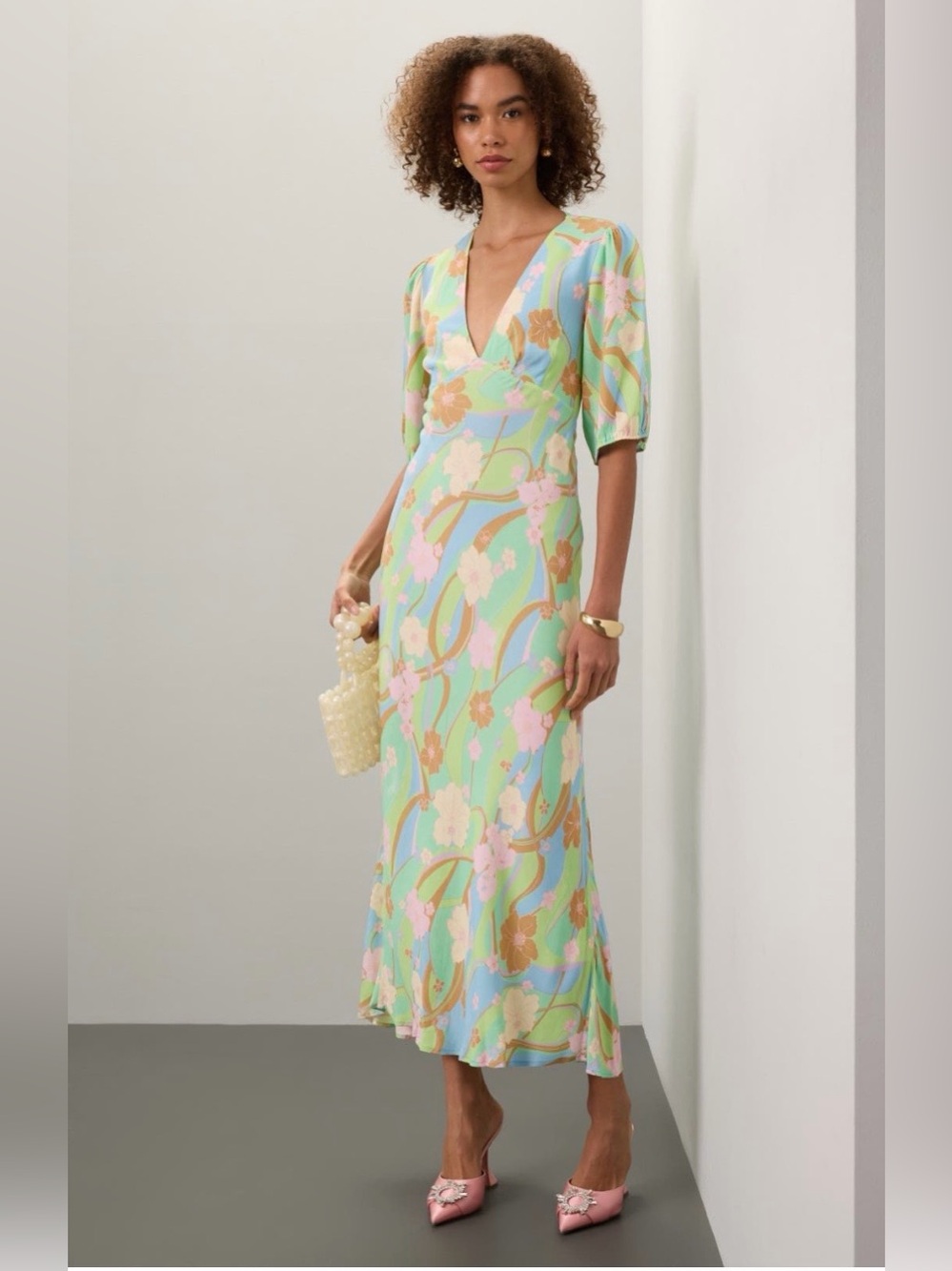RIXO~Mint Floral V-Neck Steph Midi Dress w/ Back Tie~Size Small~$420~
